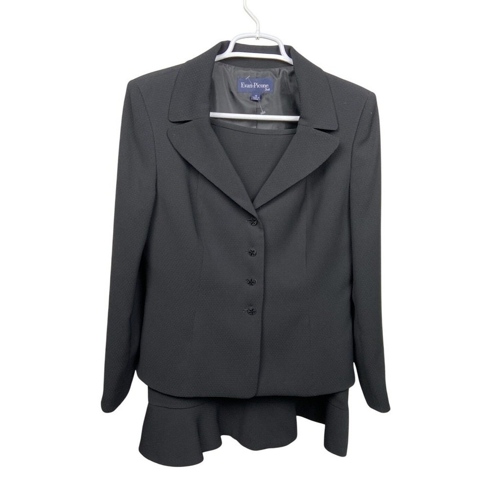 Evan Picone Women's 2 Pc Skirt Suit Size 10 Black Ruffle Hem Lined Jacket Office